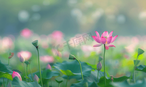 背景绿色背景摄影照片_模糊柔和的绿色背景上的粉红色莲花