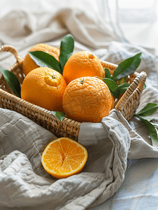 桌上的篮子和橘子