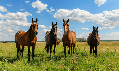 农场动物图片摄影照片_马场绿色牧场上的马枯草