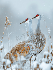 密西西比州摄影照片_一对沙丘鹤在雪地和草丛中