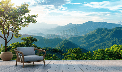 户外露台甲板和椅子有山丘背景