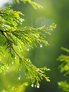 秃柏树上雨滴的特写