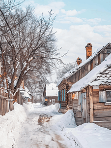 下雪乡村摄影照片_冬天小村庄里的古老乡村房屋