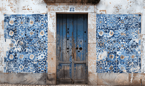 葡萄牙一栋老房子墙上的古老阿苏莱霍瓷砖