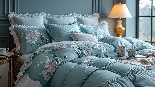 温暖舒适的卧室浅蓝色蓬松被子摄影配图
