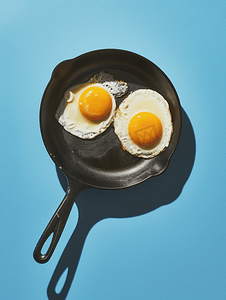 煎锅中两个煎蛋的顶视图