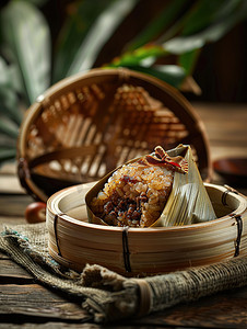 粽子放在传统竹篮中摄影照片