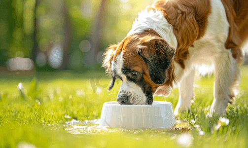 炎热的夏日口渴的圣伯纳德狗在户外喝白碗