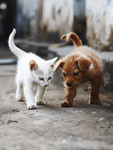白猫和棕狗在墨西哥地板上打斗行走