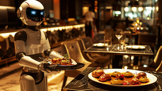 高端大气商务摄影照片_高端机器人服务员餐厅摄影配图