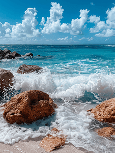 蓝色圆形海浪摄影照片_海浪冲击着阿鲁巴岛的圆形岩石