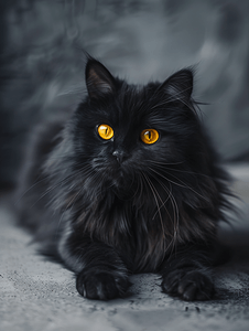 橙色的眼睛摄影照片_黑猫躺在黑板上阳台上的宠物黑头发的猫