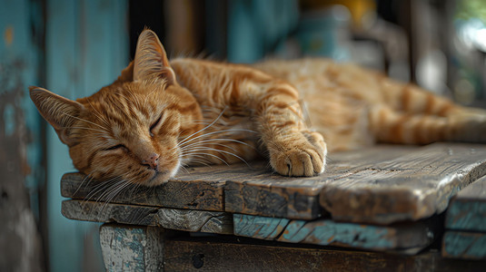 可爱猫咪休息木椅摄影照片