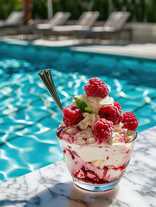 泳池边树莓冰淇淋甜点照片