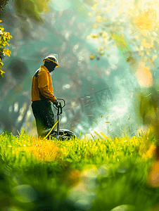 一名公用事业工人在模糊的绿色草坪上用汽油修剪机割草
