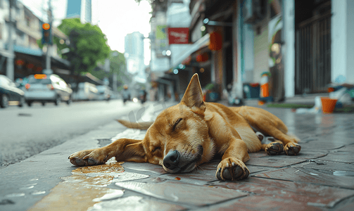 泰国混血狗中午在街中央舒适放松地睡觉