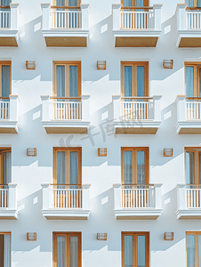城市蓝色几何摄影照片_窗户和阳台的重复图案酒店大楼的窗户