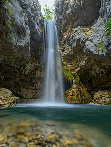 强大的力量摄影照片_夏季从悬崖流下的强大的大型天然瀑布
