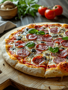 披萨配萨拉米香肠和烤箱热砖墙