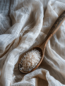 用木勺和民间柔焦在织物上放未煮熟的米粒