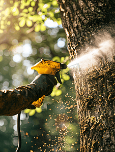呼吸器摄影照片_在树上喷洒液体在木板上涂上保护层