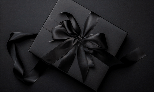 豪华黑色摄影照片_黑色礼品盒的顶部视图黑色丝带在黑色背景上被隔离