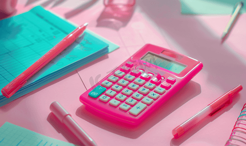 桌子上有一个红色记号笔、一张粉色纸和计算器