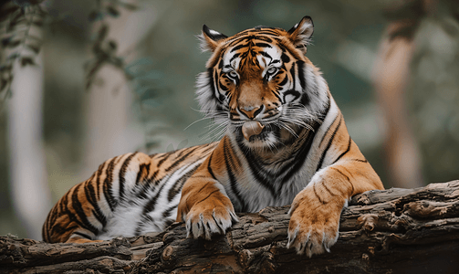 一只老虎躺在树干上舔着爪子