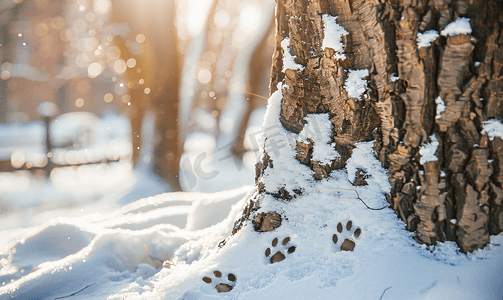 雪上的猫脚印覆盖了树干
