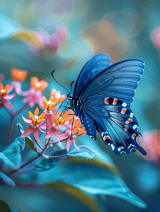 一只蓝燕尾蝶正在吃热带马利筋植物