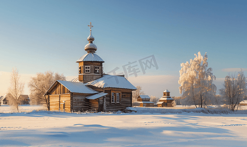 冬季苏兹达尔的木制圣尼古拉斯教堂