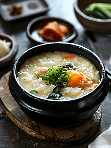 椭圆形不规则图形摄影照片_韩国传统汤品年糕汤