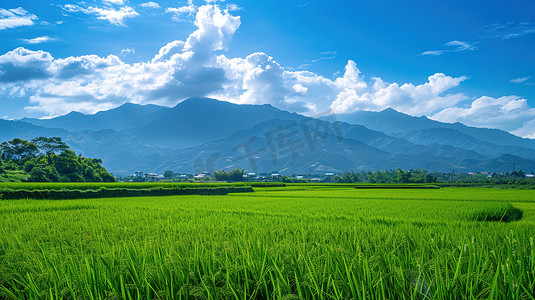 夏天绿色的美丽稻田高清图片