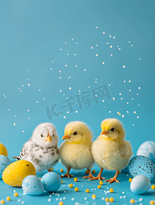 兔子黄色摄影照片_复活节背景与复活节小鸡和鸡蛋复活节装饰
