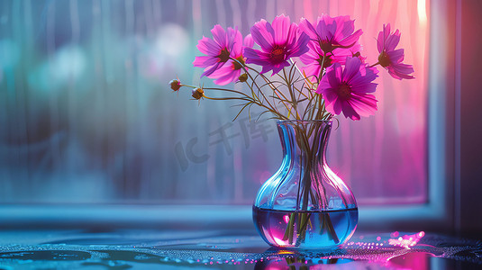 霓虹彩色玻璃花瓶摄影照片