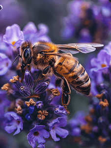 小蜜蜂翅膀摄影照片_一只小蜜蜂坐在紫色小野花上的特写