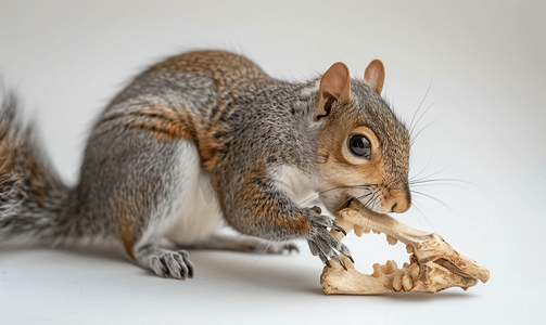 一只东部灰松鼠正在咀嚼一只小型哺乳动物的颌骨