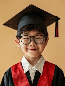 毕业季签字摄影照片_快乐的亚洲小学生在毕业帽中毕业