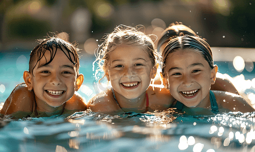 快乐端午摄影照片_游泳池里的儿童团体