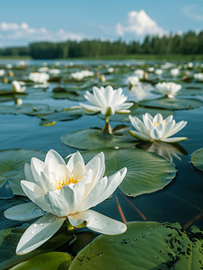 瑞典小地睡莲田的一个湖上水中开着白花