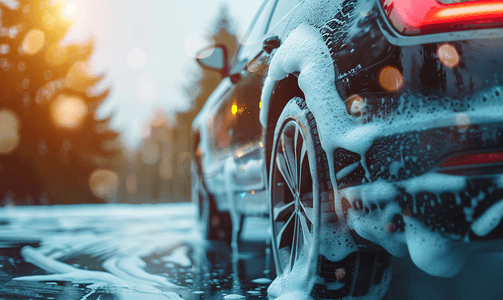 汽车大气摄影照片_汽车外部清洁用高压清洗机在肮脏的汽车表面上涂抹雪泡沫
