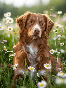 礼物可爱卡通摄影照片_新斯科舍省鸭鸣猎犬在雏菊田里休息