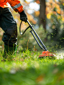 一名公用事业工人在模糊的绿色草坪上用汽油修剪机割草