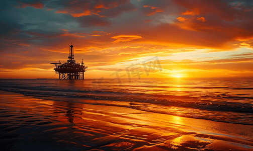 黄昏时的天空摄影照片_日落时的海滩石油钻井平台
