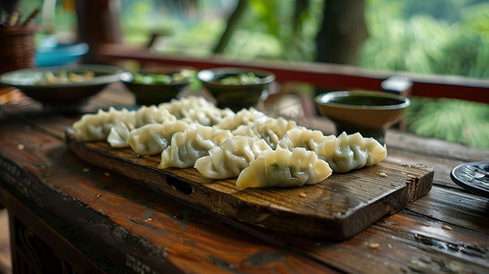 蛋煎饺子摄影照片_厨房板子上的饺子高清摄影图