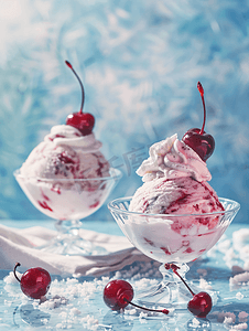 玻璃碗中盛有樱桃和鲜奶油的冰淇淋圣代勺