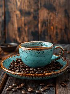 咖啡热咖啡摄影照片_木桌上放有咖啡豆的热咖啡杯