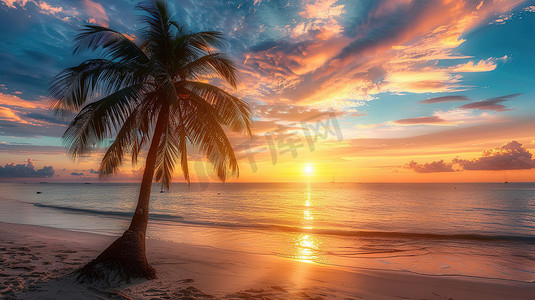 热带海滩上美丽日落摄影照片