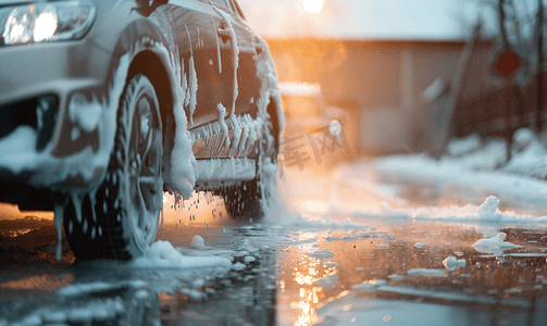 户外常规洗车时车辆被白色肥皂泡沫覆盖汽车用肥皂清洗