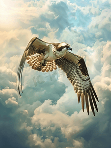 羽毛红色摄影照片_多云天空中张开翅膀的鱼鹰